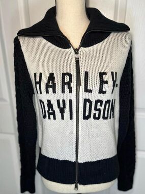 Harley-Davidson Black & White Colorblock Knit Zip Sweater